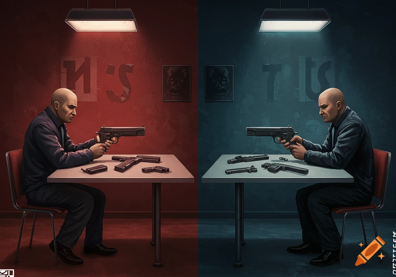 Two bald men sit at tables facing each other in a split red and blue room, each with guns on their table. Stylized art.