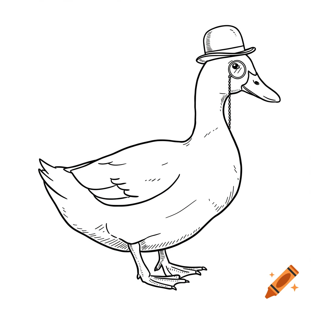 Line drawing of a duck wearing a bowler hat and monocle.