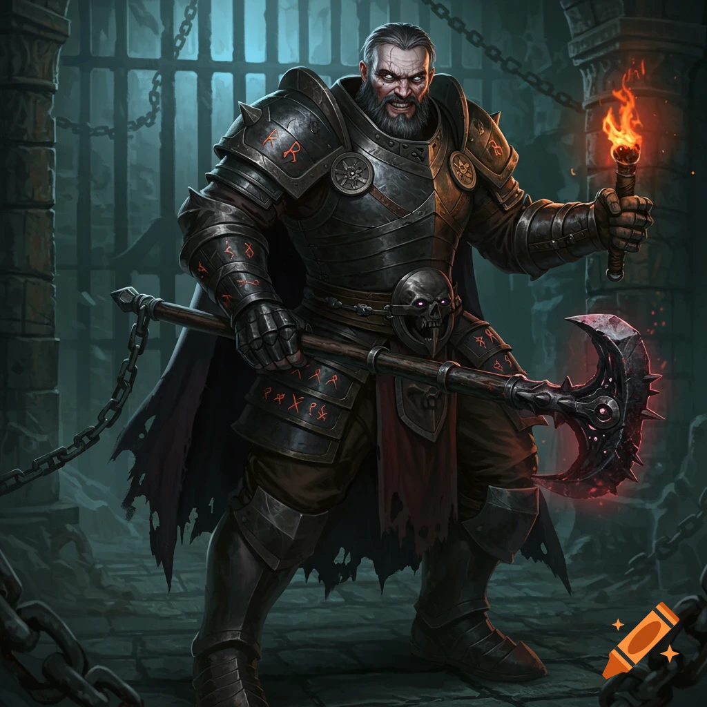 A fearsome fantasy warrior in dark armor holds a torch and a spiked axe in a dungeon.