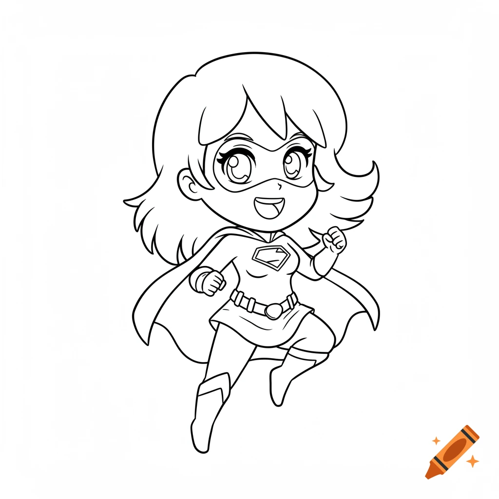 Black and white outline drawing of a flying chibi superhero girl