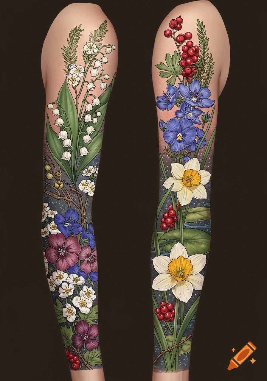 A tattoo sleeve featuring detailed botanical illustrations of lily of the valley, narcissus, berries, and other flowers.