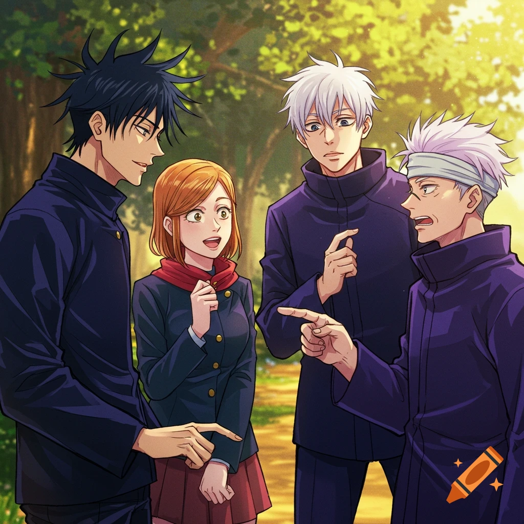Anime characters talking in a park setting.