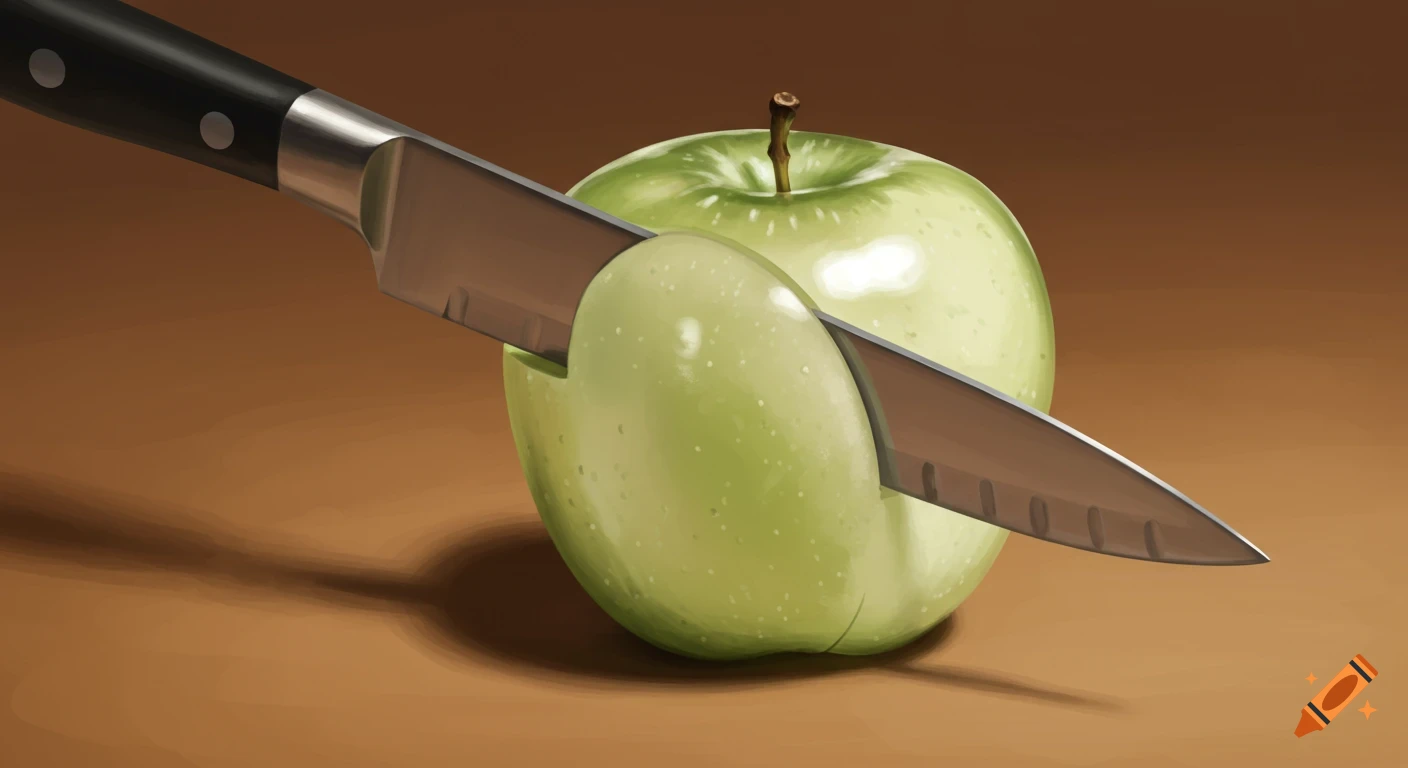 Knife cutting a green apple on a brown surface, painted style.
