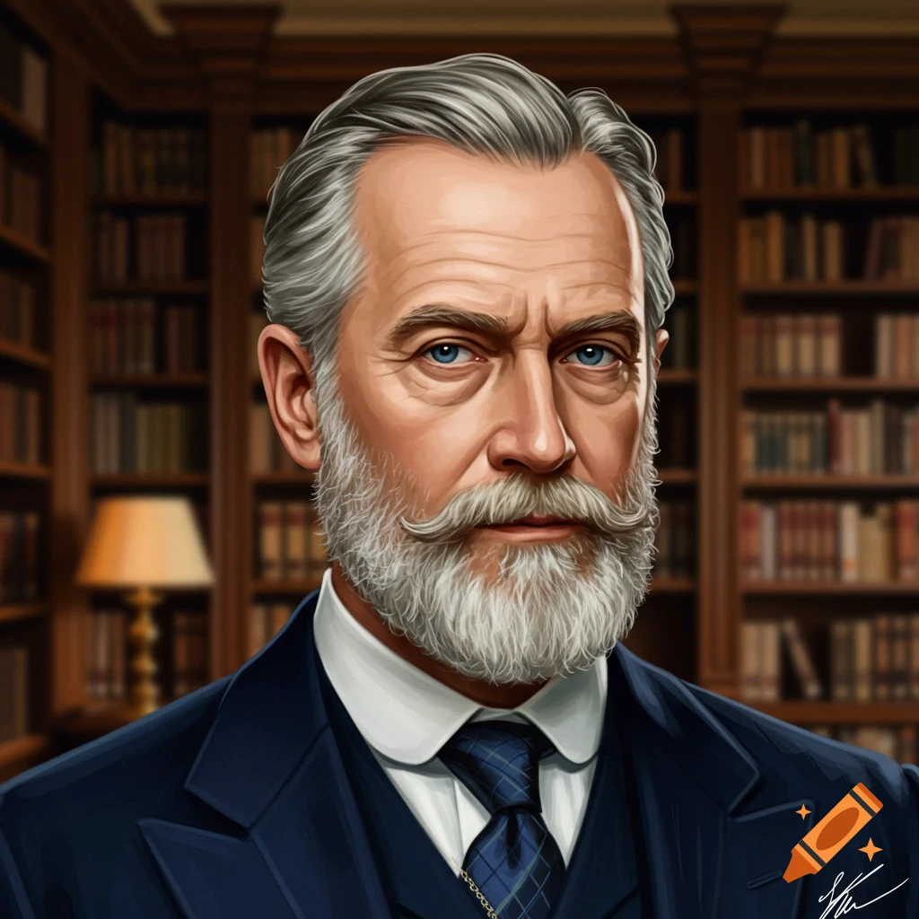 Portrait of an older man with a beard in a suit and tie, in a library setting.