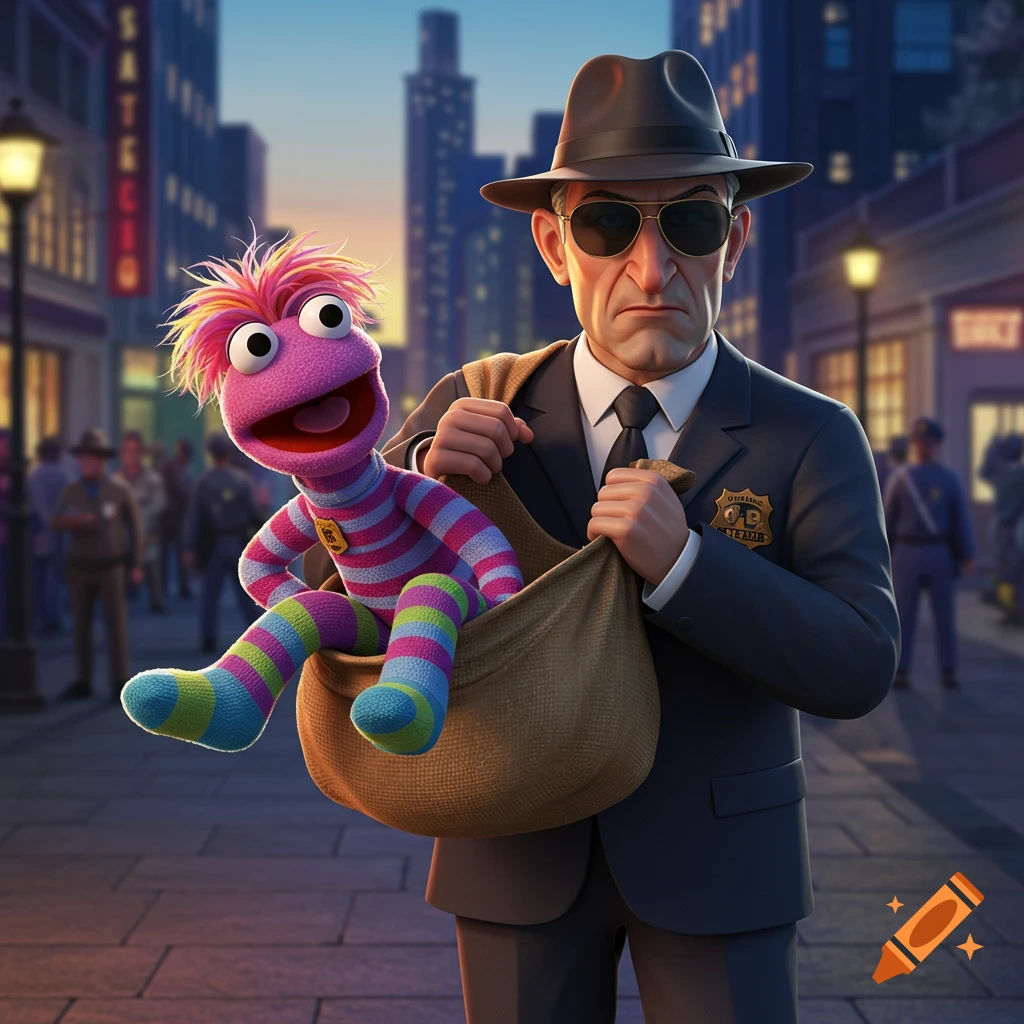 A man in a suit and hat holds a pink and striped puppet in a sack on a city street, digital art.