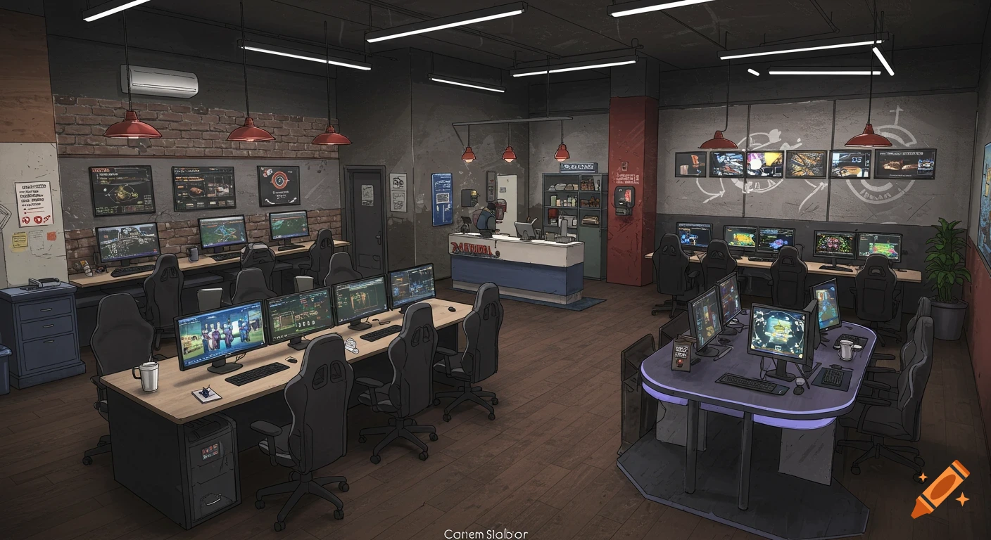 Illustration of a gaming center with computers, gaming chairs, monitors displaying games, and a front desk.