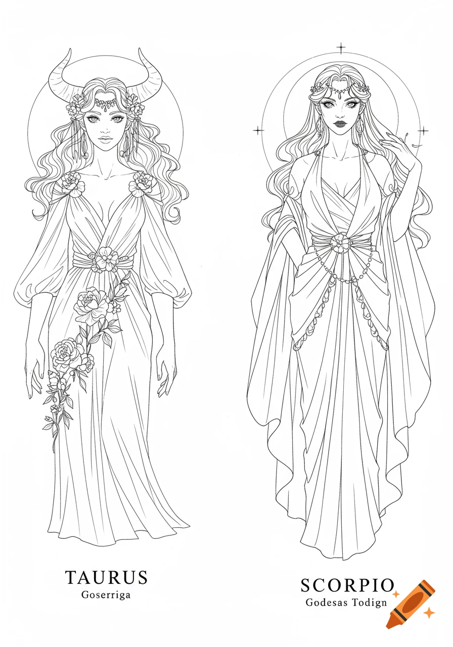 Line art of two goddess-like women representing Taurus and Scorpio.