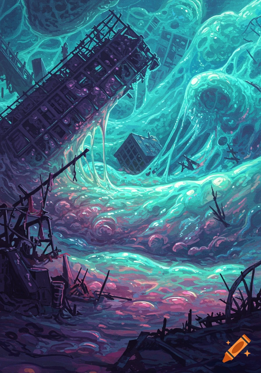 Surreal abstract art of distorted structures consumed by swirling blue and purple ooze.