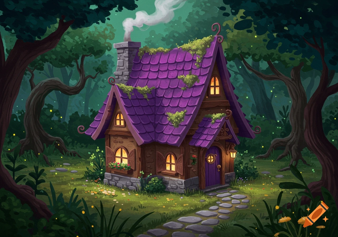 A fantasy cottage with a purple roof sits in a moonlit forest with fireflies.