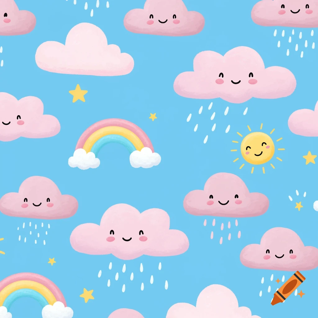 Seamless pattern of cartoon pink clouds, rainbows, sun, and stars on a blue background.