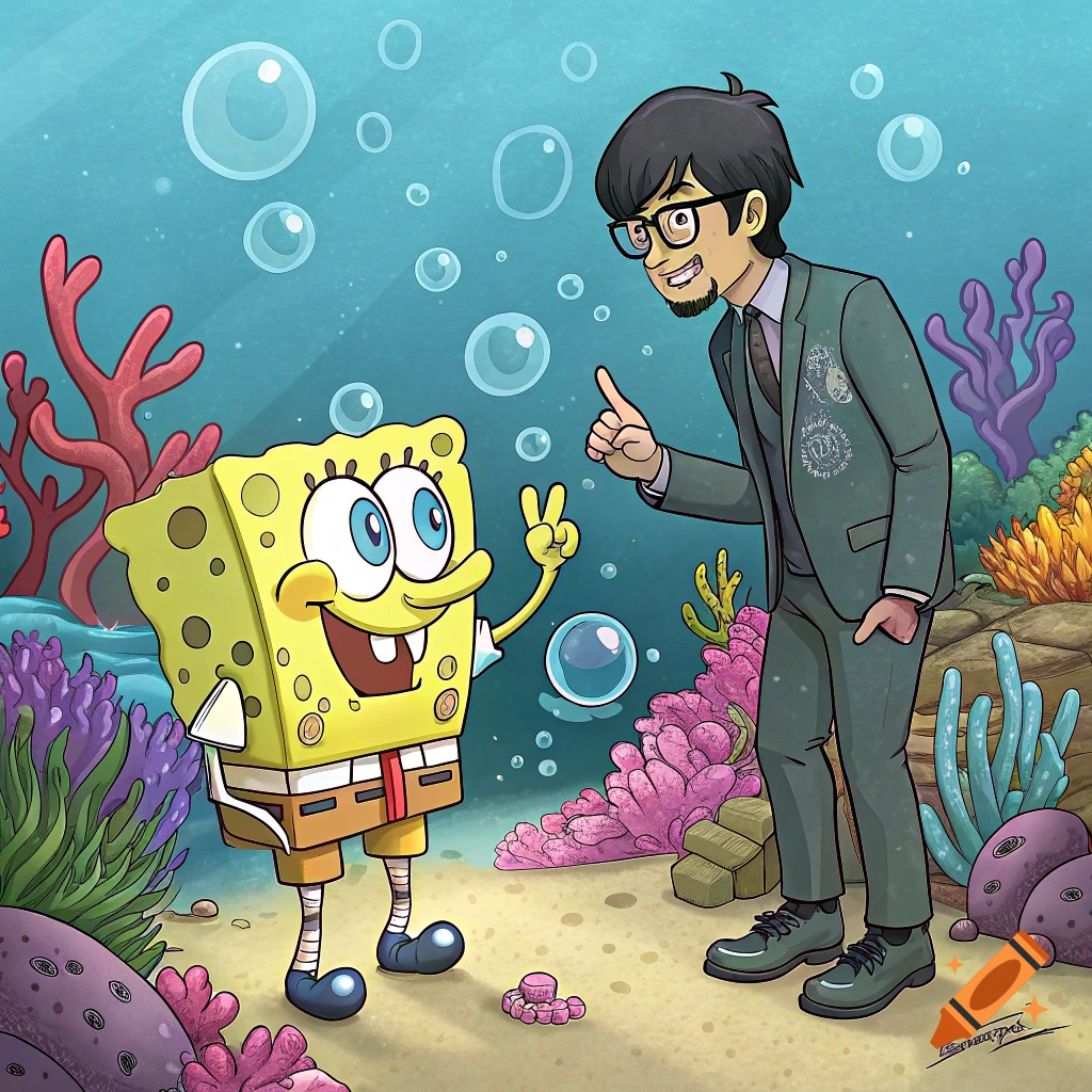 SpongeBob and Hideo Kojima standing underwater in Bikini Bottom.