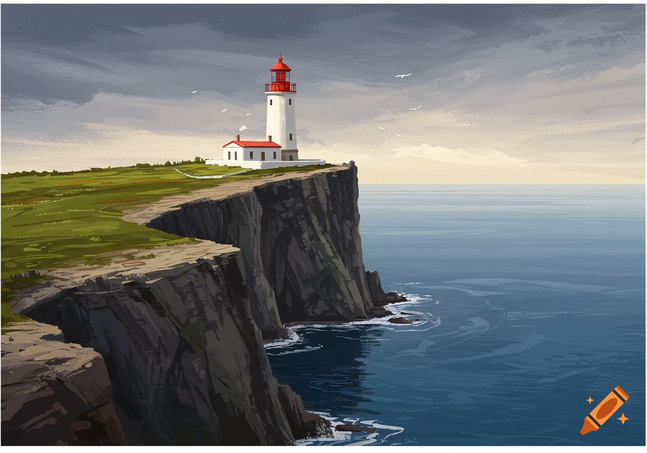 Stylized painting of a lighthouse on a grassy cliff overlooking the ocean under a dramatic sky.