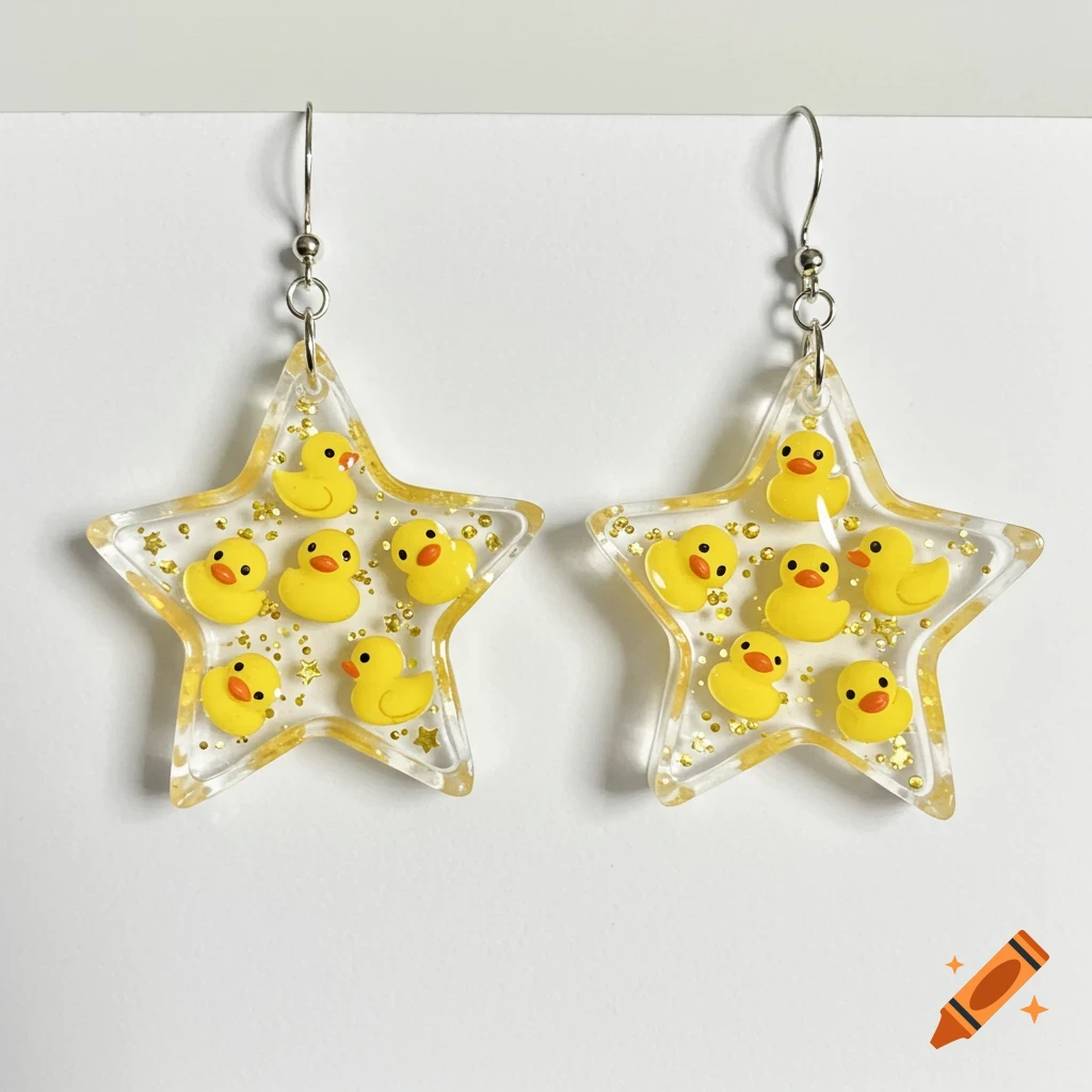 Pair of clear star-shaped earrings filled with miniature yellow rubber ducks and gold glitter