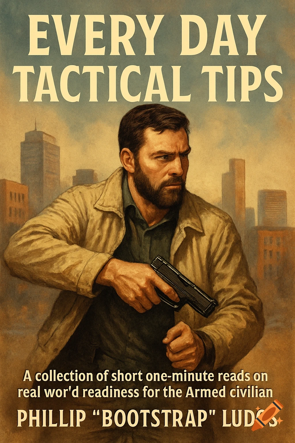 Book cover illustration of a man with a beard holding a gun in a city setting, title Every Day Tactical Tips