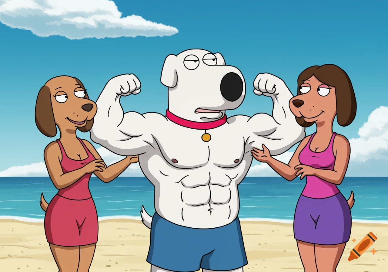 Brian from Family Guy flexing on a beach with two female dogs