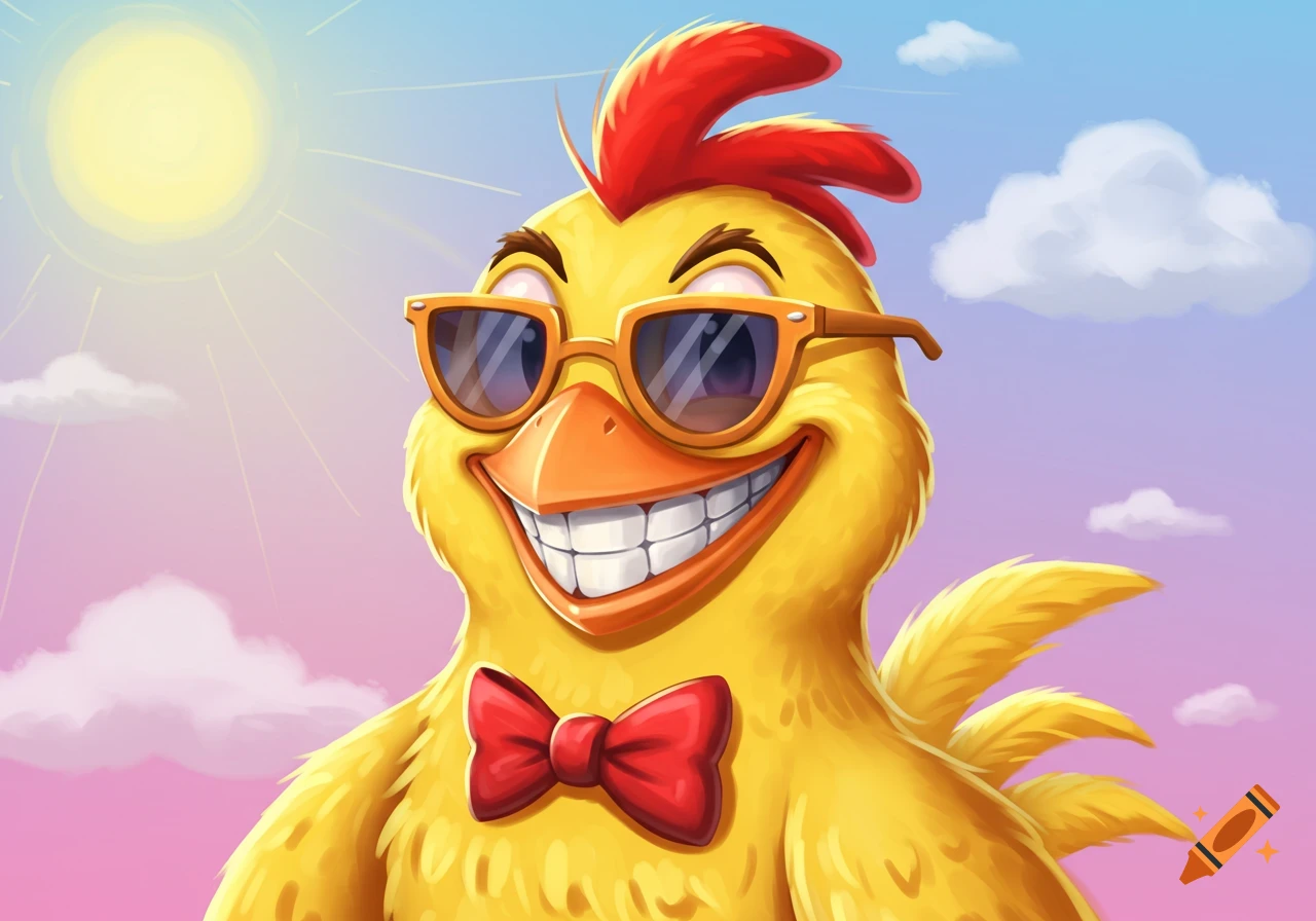 A smiling cartoon chicken wearing sunglasses and a red bow tie under a sunny sky.