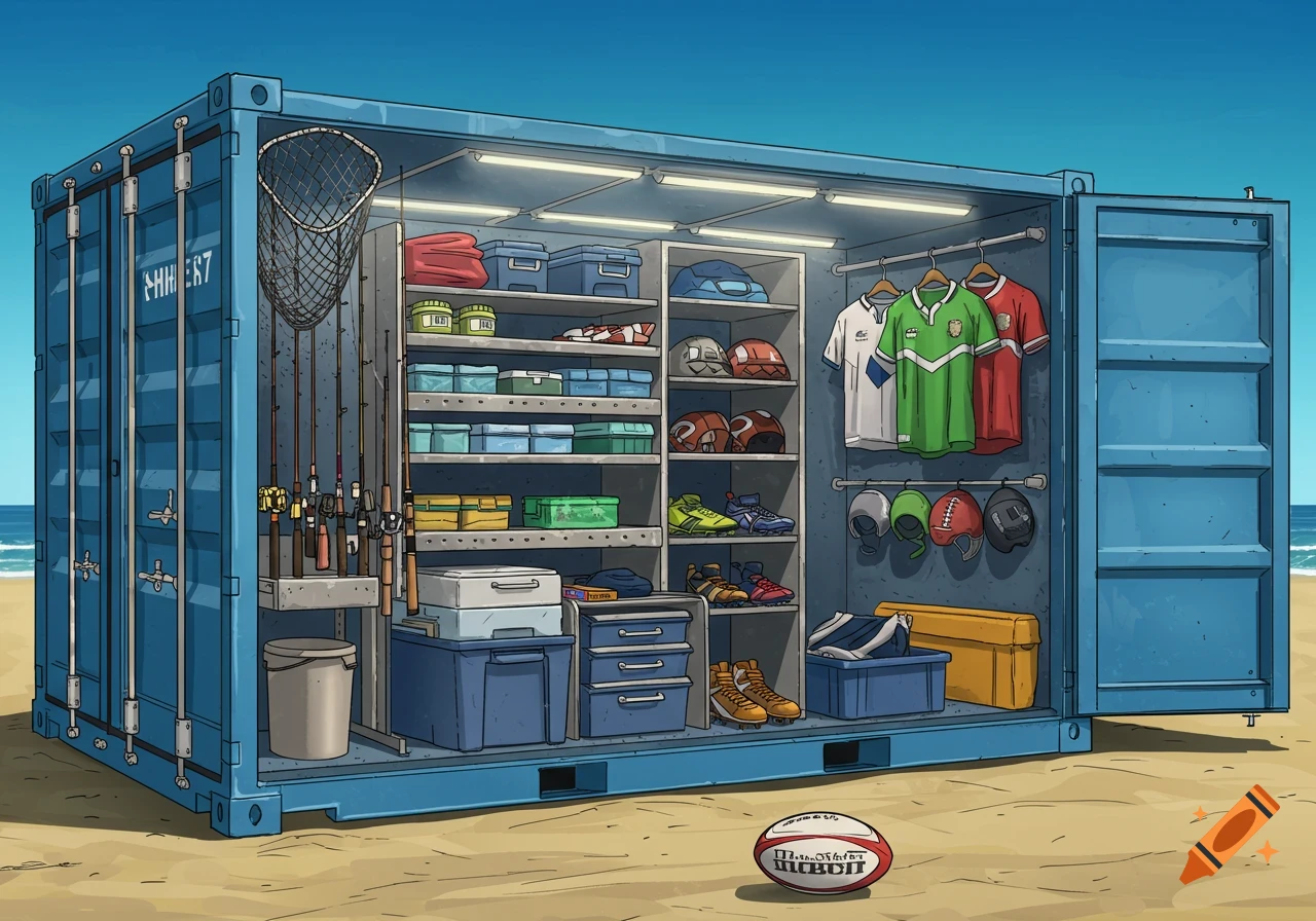 Cartoon illustration of an open blue shipping container on a beach storing fishing gear and rugby equipment.
