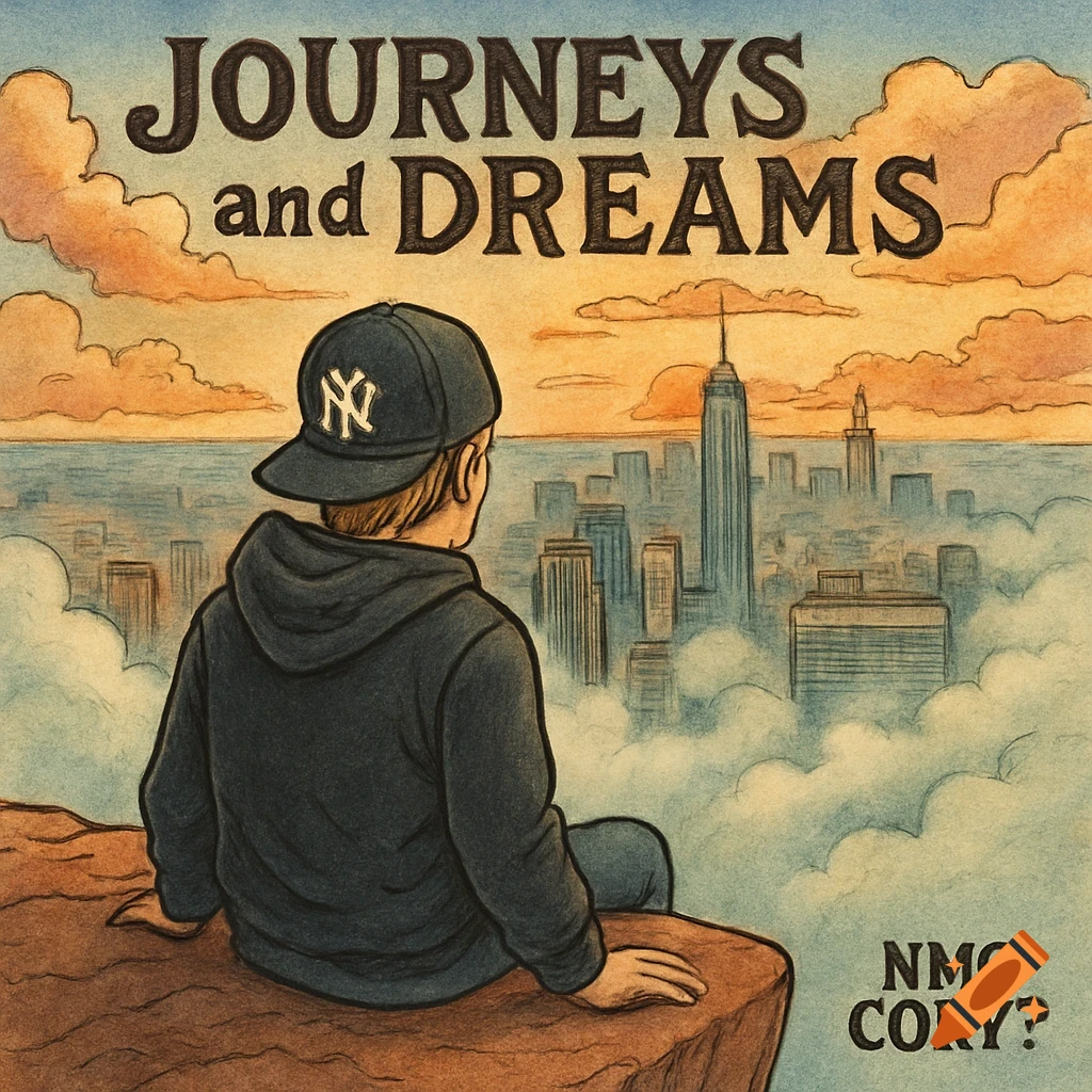 Illustration of a person sitting on a cliff looking at a city skyline through fog, with text "JOURNEYS and DREAMS" and "NMG CORY?".