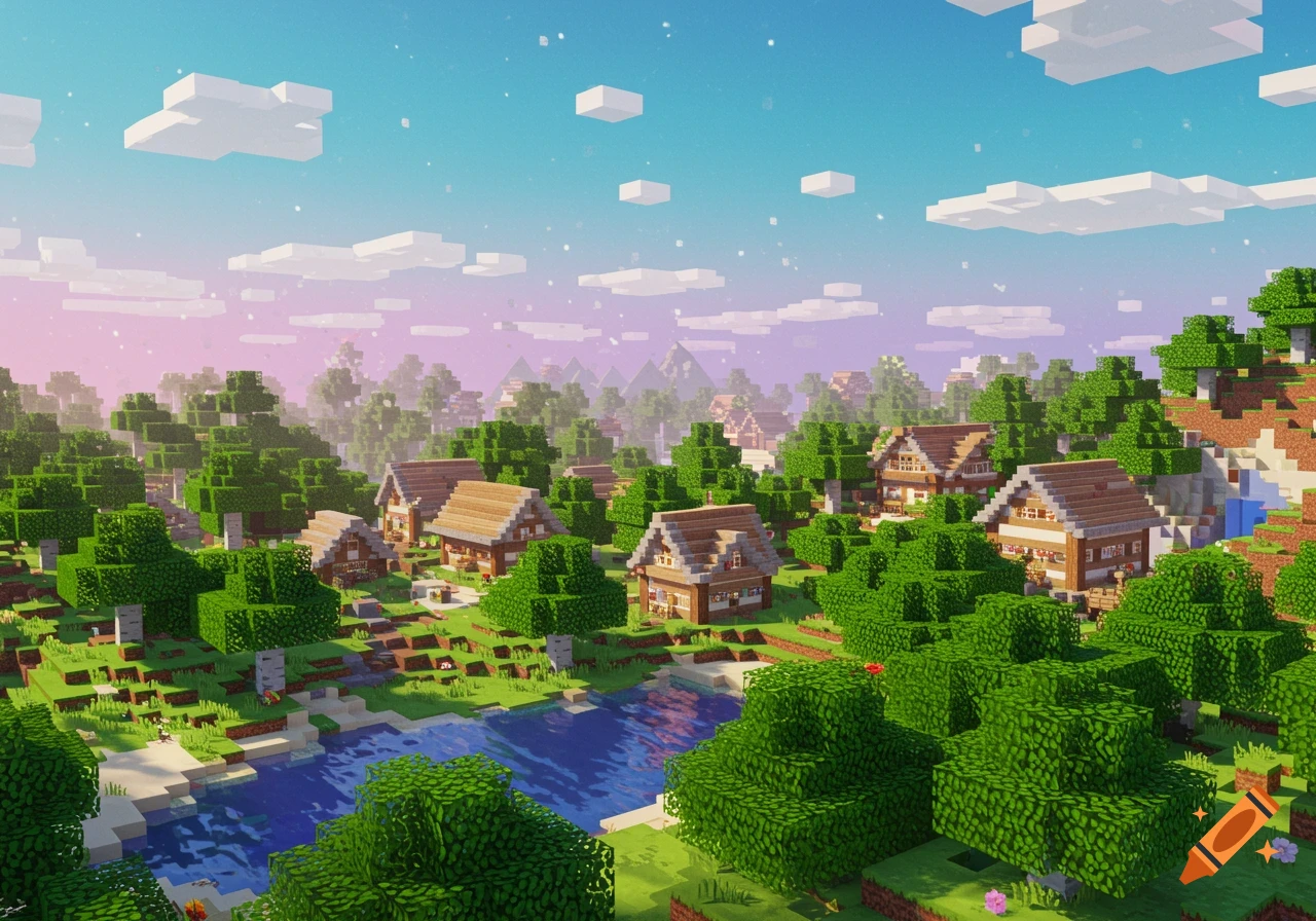 Minecraft village landscape with river and mountains