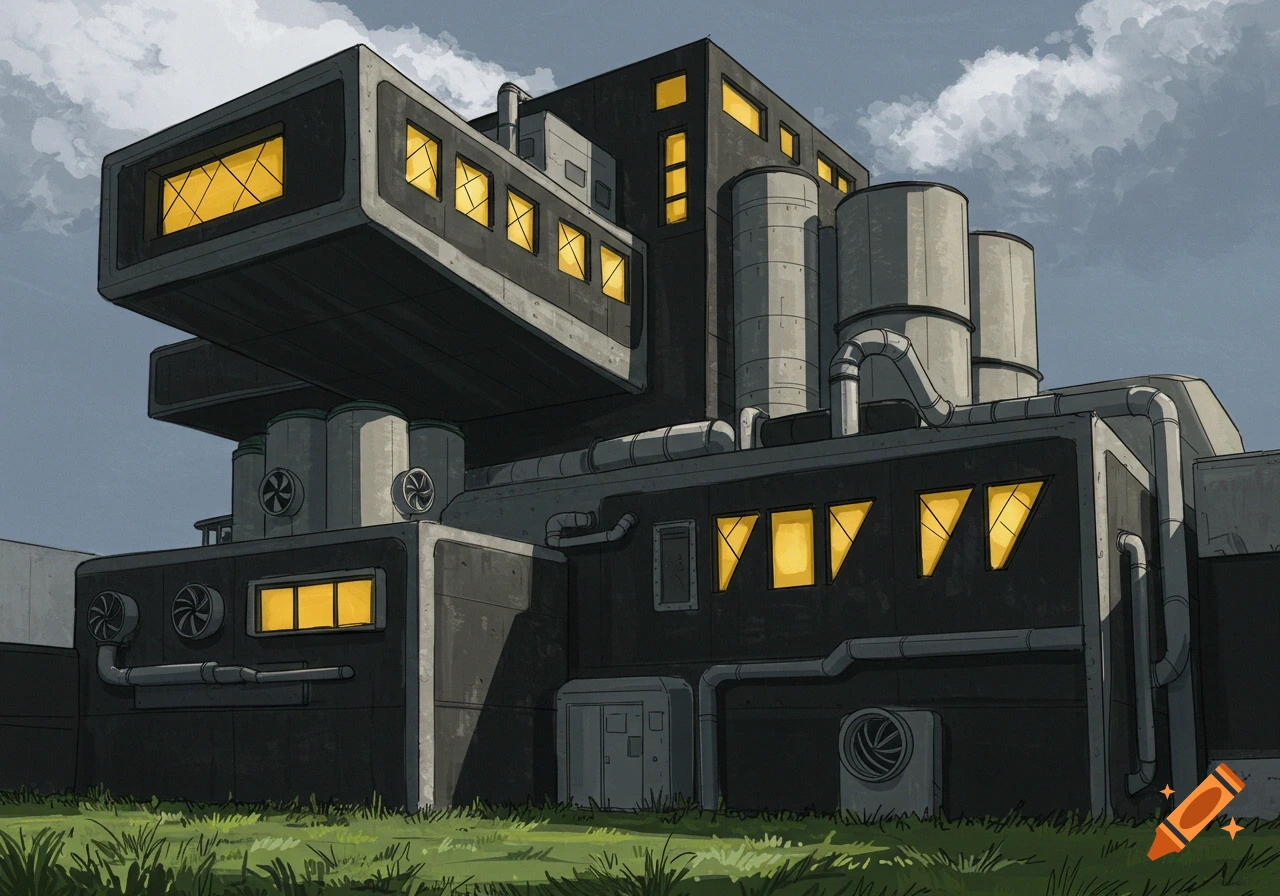 A stylized dark industrial or sci-fi building with cantilevered sections, yellow windows, pipes, and silos, against a cloudy sky.