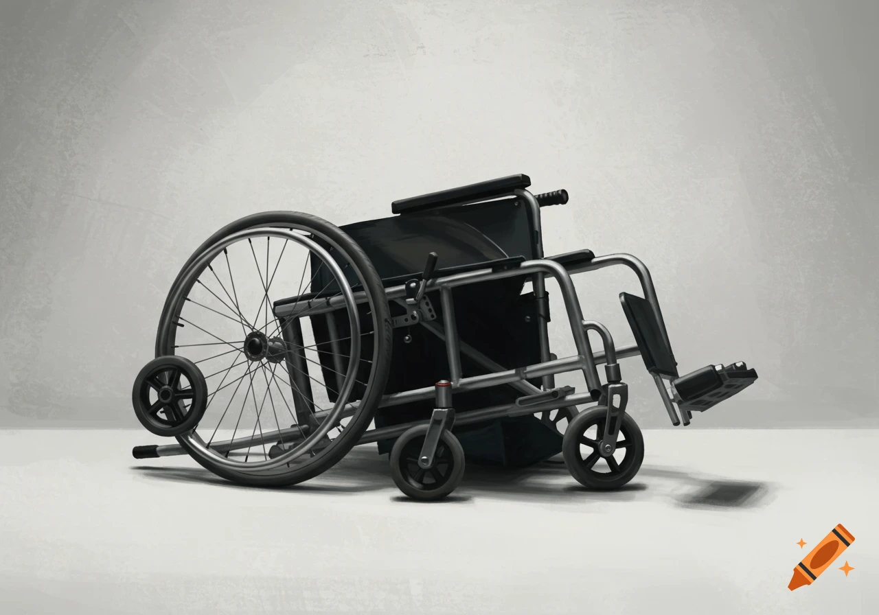 A tipped-over wheelchair on a textured floor in a room.
