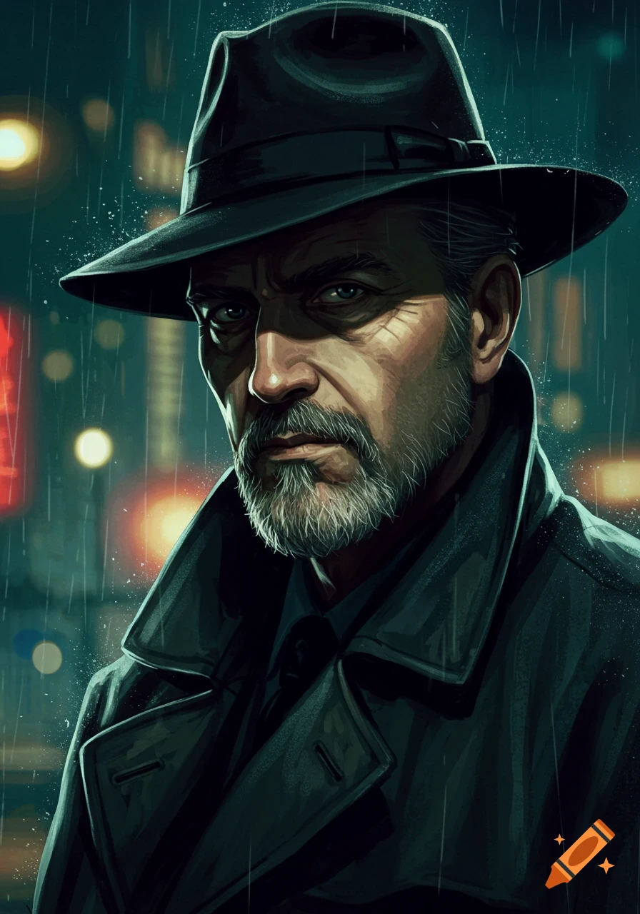 Illustration of a man in a fedora and trench coat standing in the rain.