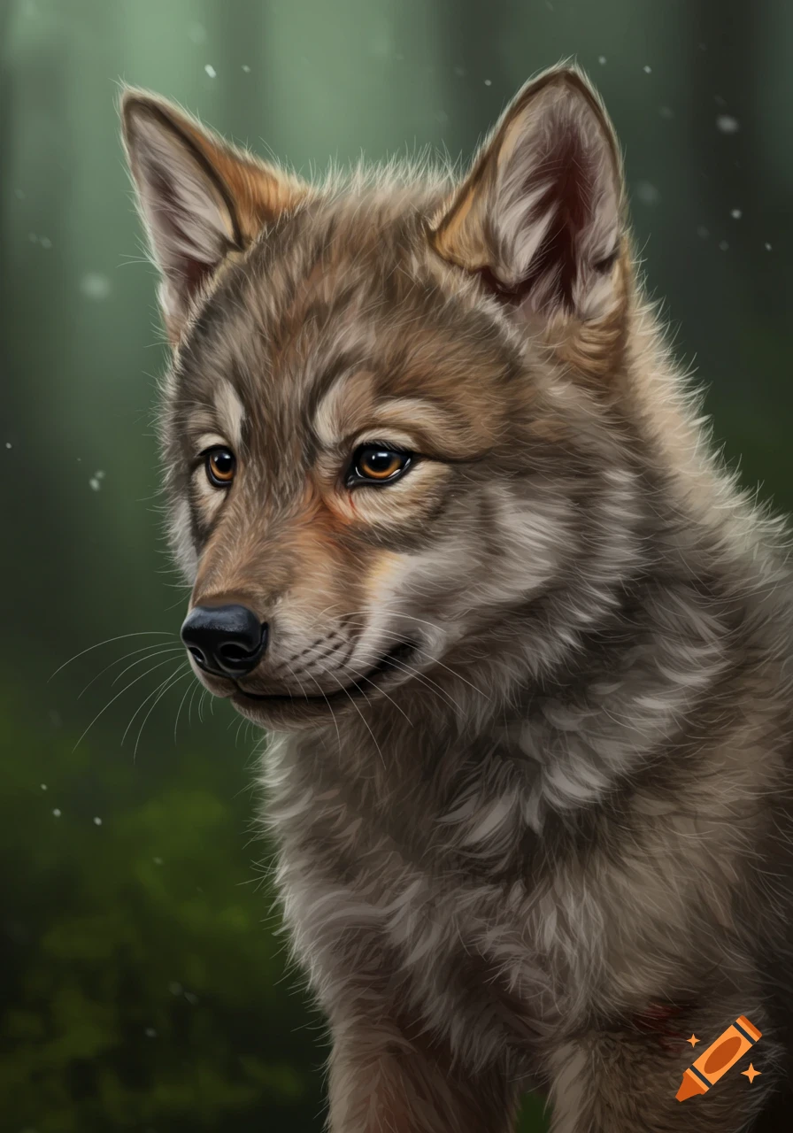 Realistic digital painting of a wolf cub close-up.