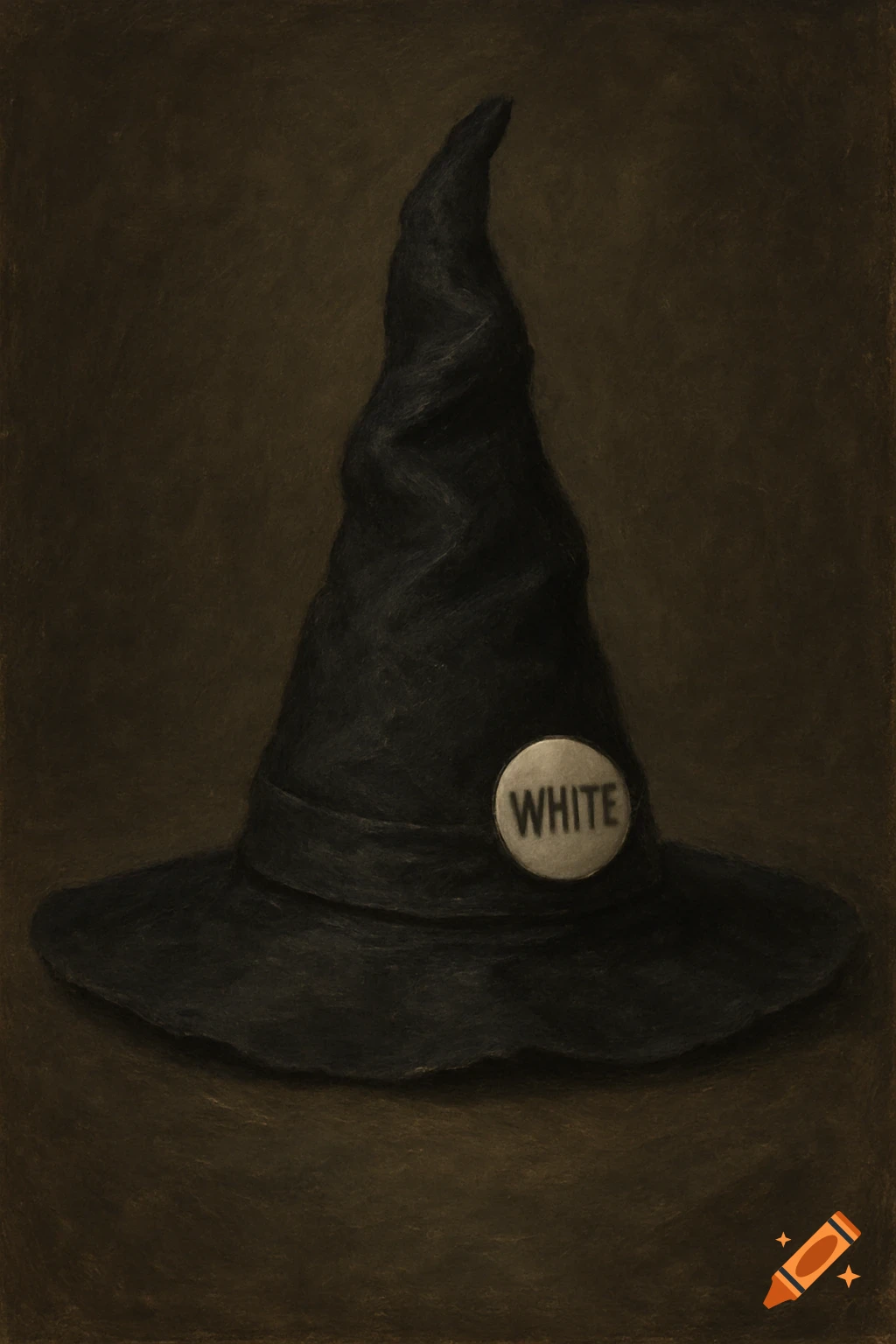 A black wizard's hat with a round pin on the band that says WHITE. The image has a dark, painterly style.