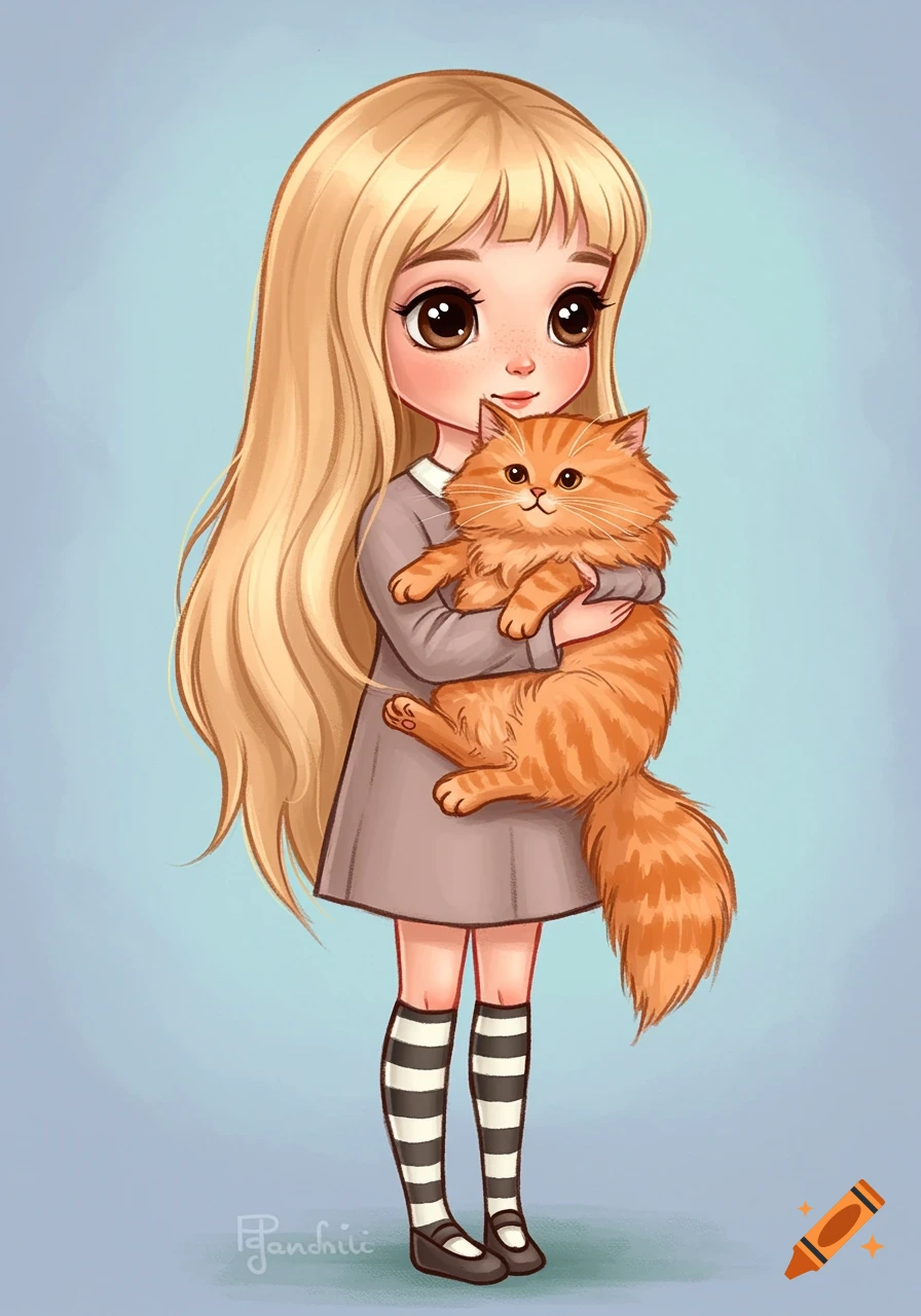 Cartoon illustration of a blonde girl in a grey dress holding an orange cat.