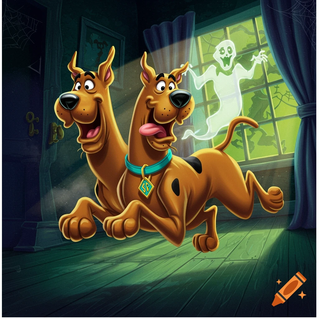 A two-headed Scooby-Doo runs away from a ghost in a spooky cartoon scene.
