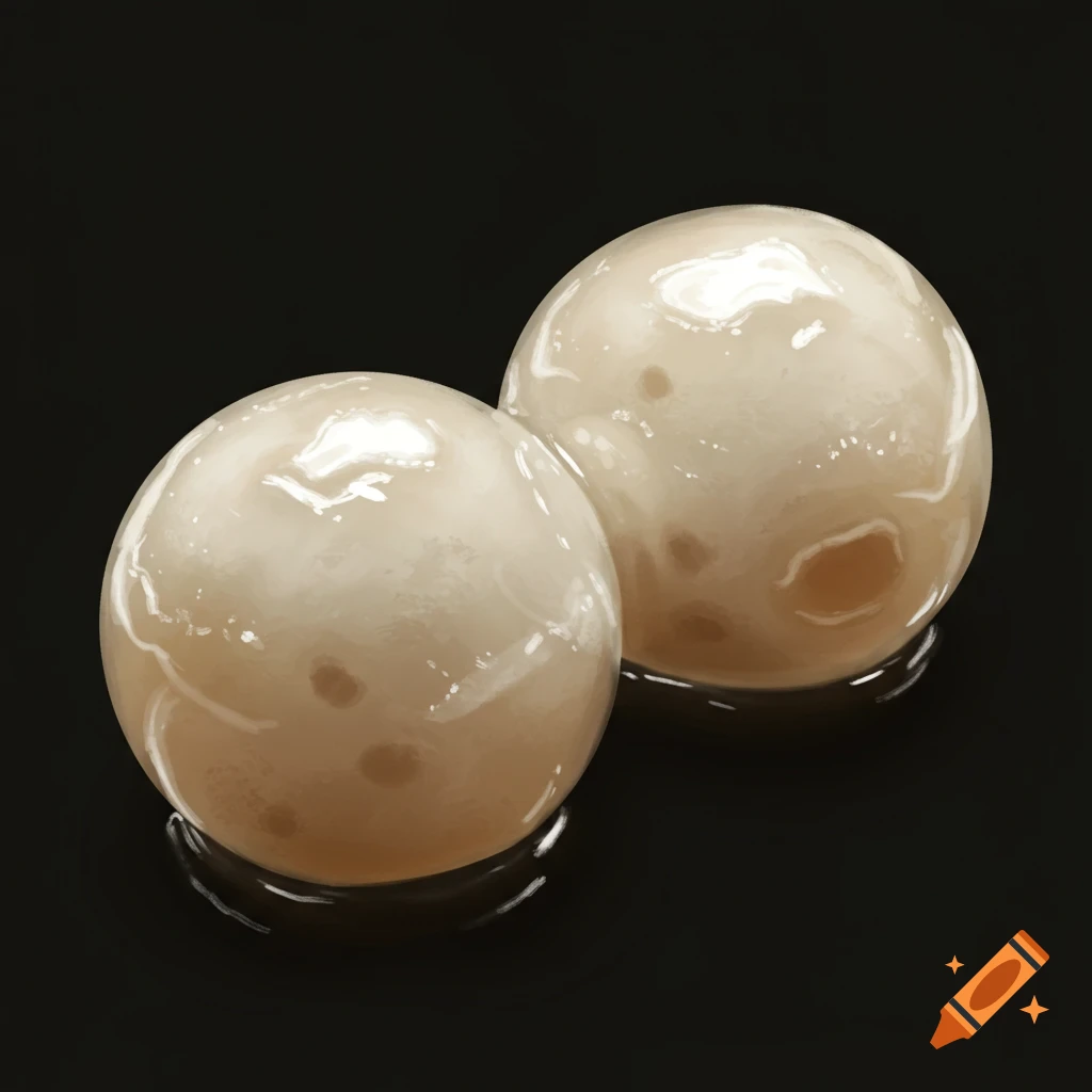 Close-up illustration of two tapioca balls in dark liquid.
