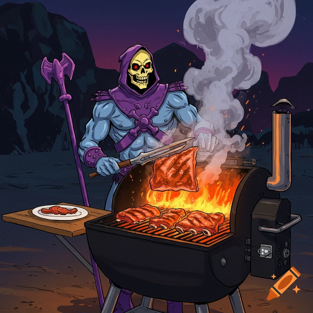 Cartoon illustration of Skeletor grilling ribs outdoors at night.