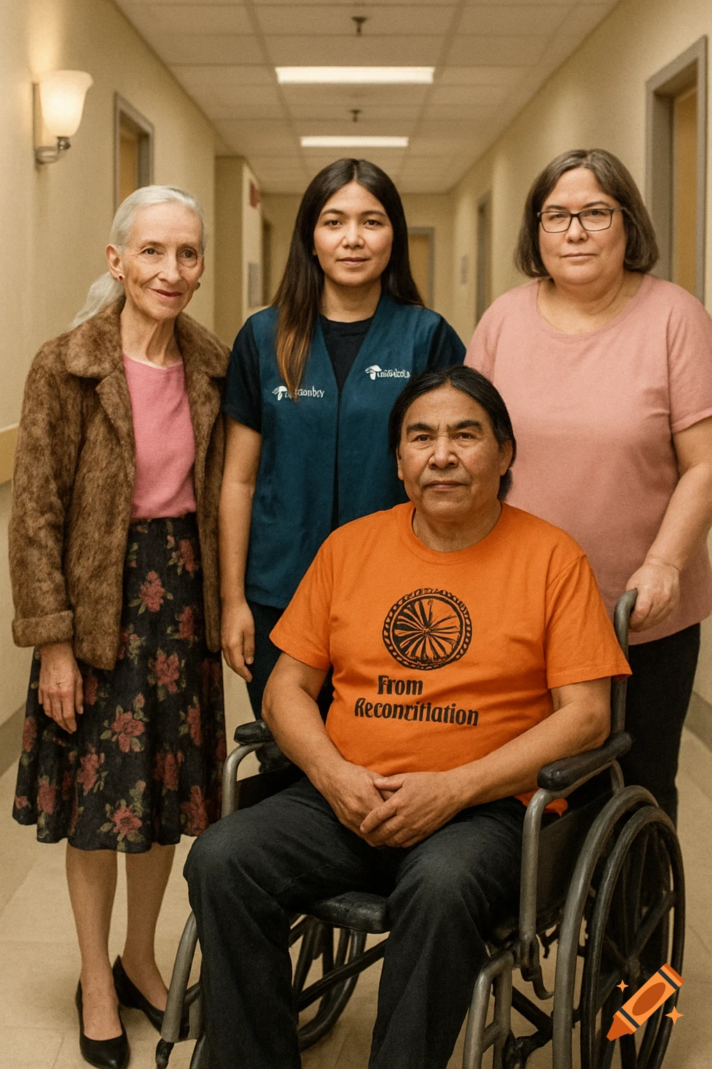 Group of people, including an elderly person and a person in a wheelchair, standing in a hospital hallway.