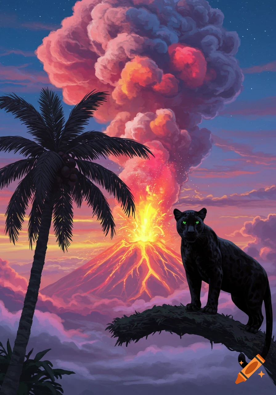 An illustration of a black panther perched on a branch overlooking a volcano erupting at twilight, with a palm tree in the foreground.