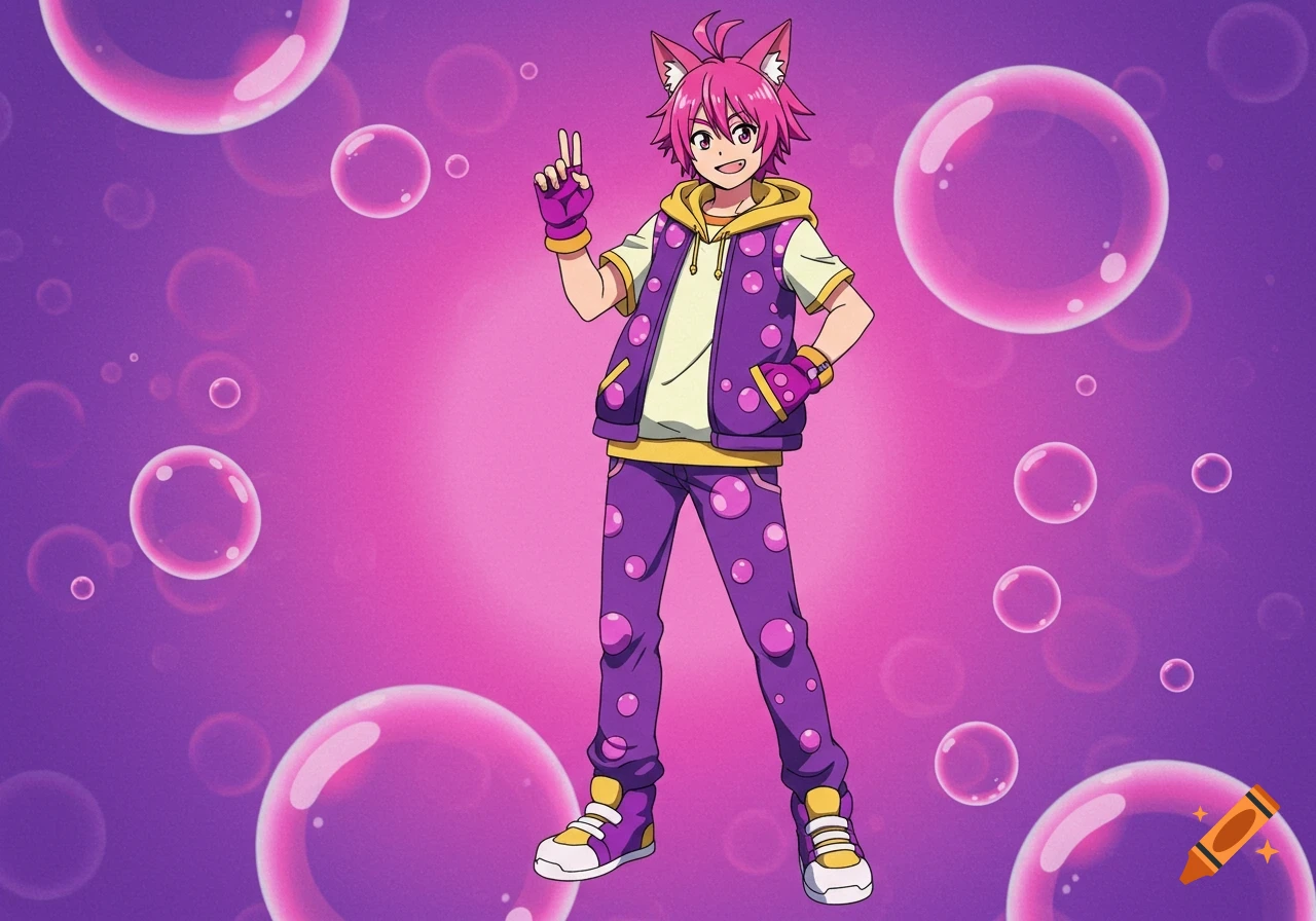 Anime character with pink hair and cat ears in a purple and yellow bubble-patterned outfit, surrounded by bubbles.