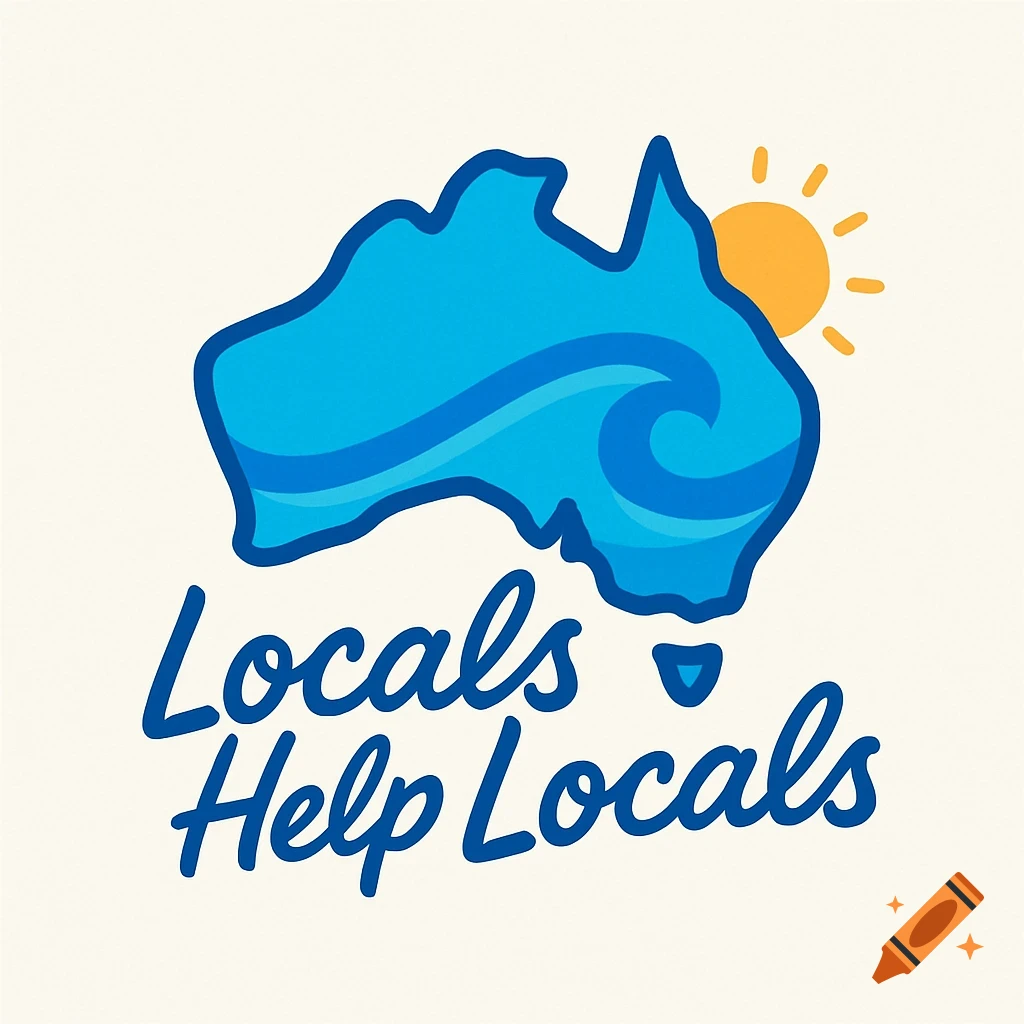 Logo with blue map of Australia, waves, sun, and text 'Locals Help Locals'.