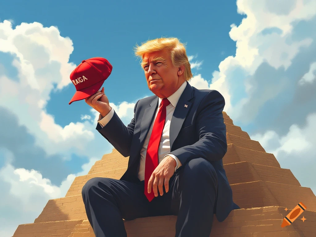 Donald Trump sits on a pyramid holding a red MAGA hat.