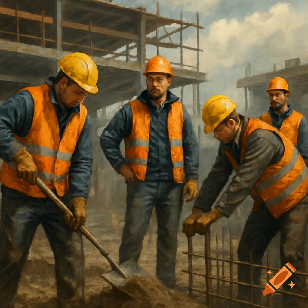Men in hard hats and safety vests work on a building site, painterly style.