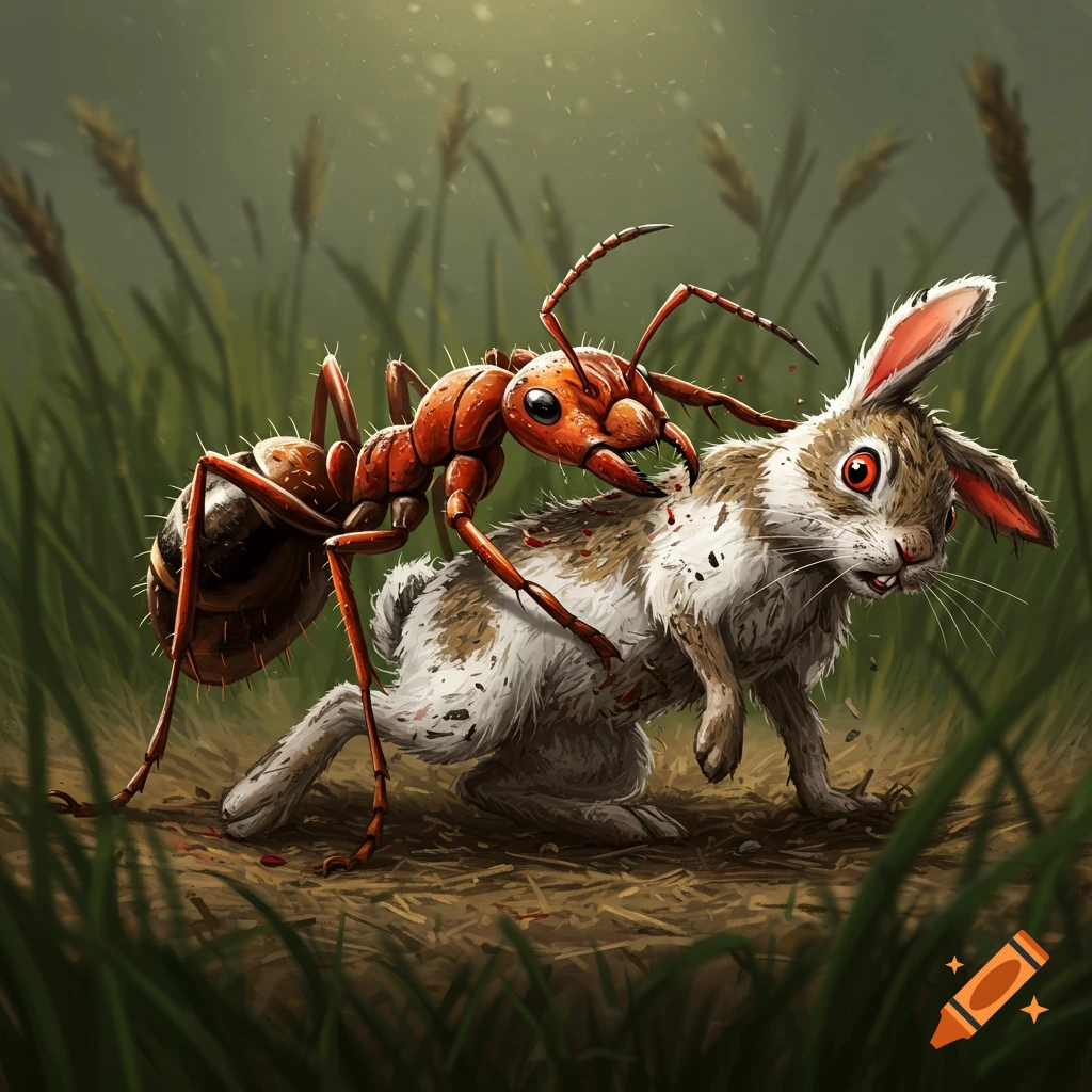 A giant red ant attacks a frightened rabbit in a grassy field, illustration style.