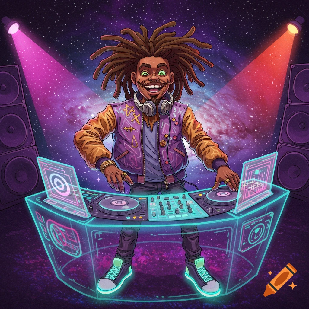 Cartoon character with dreadlocks DJing in space under spotlights behind a futuristic booth.