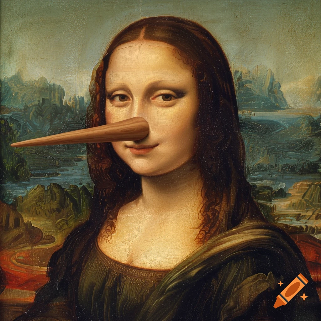 A painting of the Mona Lisa with a long, wooden Pinocchio nose.