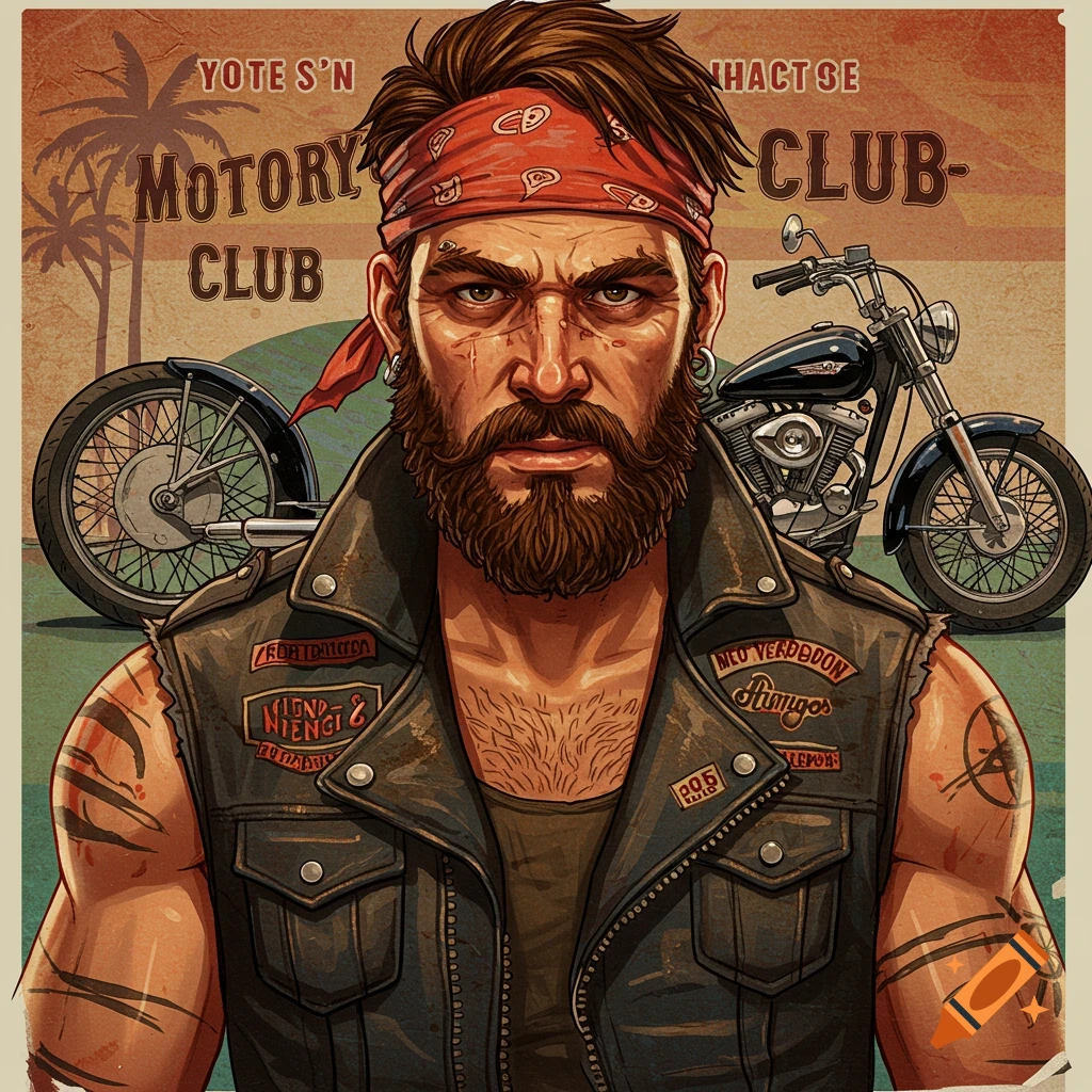 Retro illustration of a man in a biker vest with a beard and bandana, standing in front of a motorcycle.