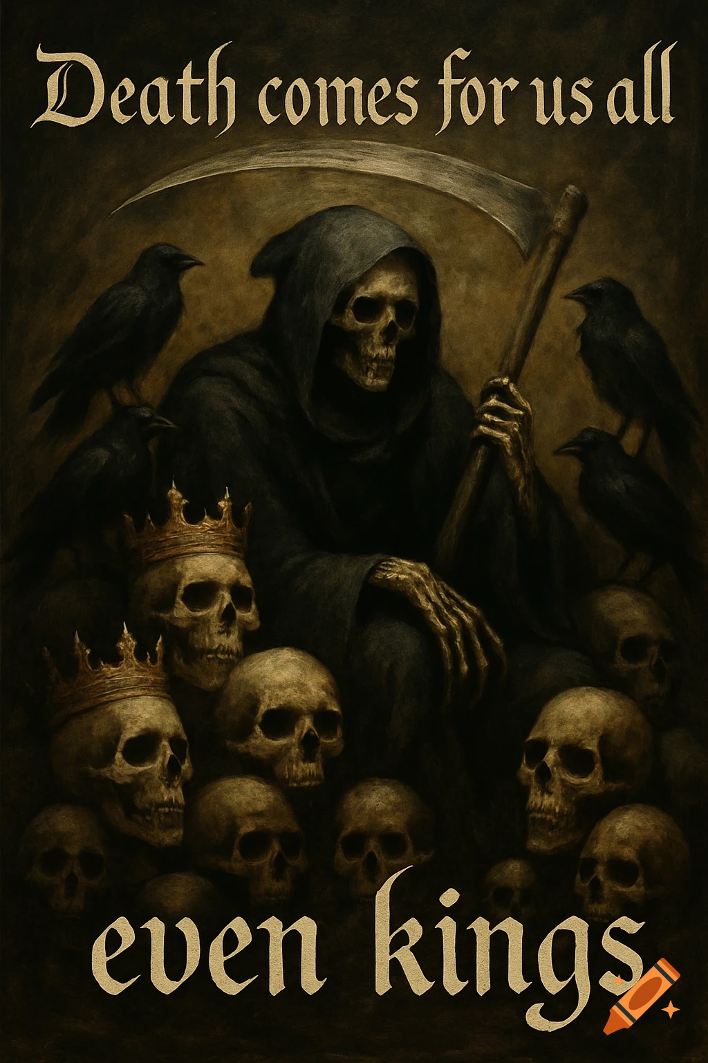 Dark art painting of the Grim Reaper surrounded by skulls and crows, with text 'Death comes for us all even kings'.