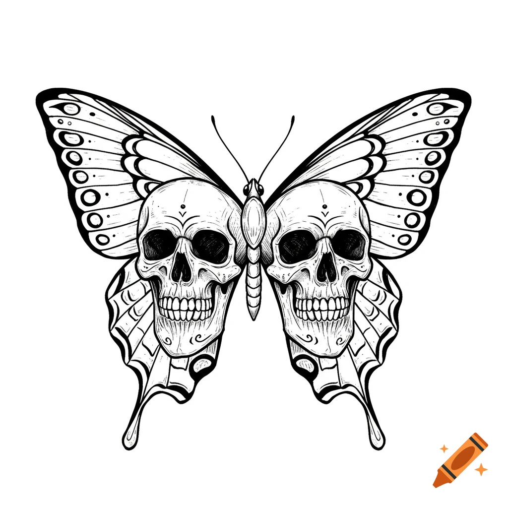 Black and white line drawing of a butterfly with skulls for its body and head.