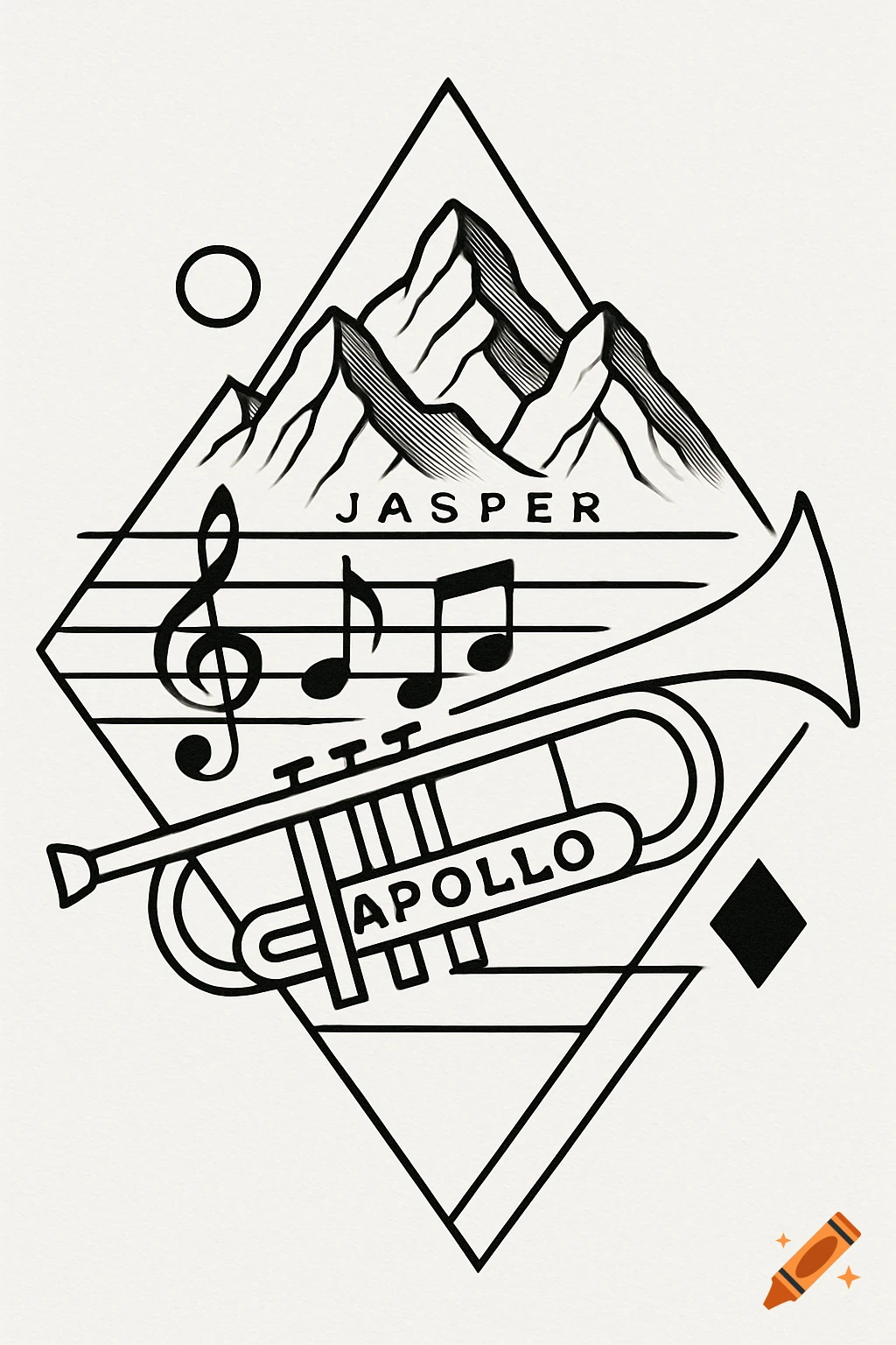 Black and white geometric design featuring mountains, music notes, a trumpet, and the words Jasper and Apollo.