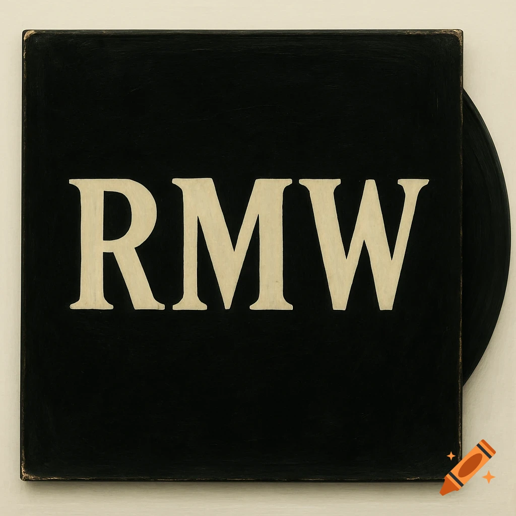 A black record cover with large white letters 'RMW' and a vinyl record visible.