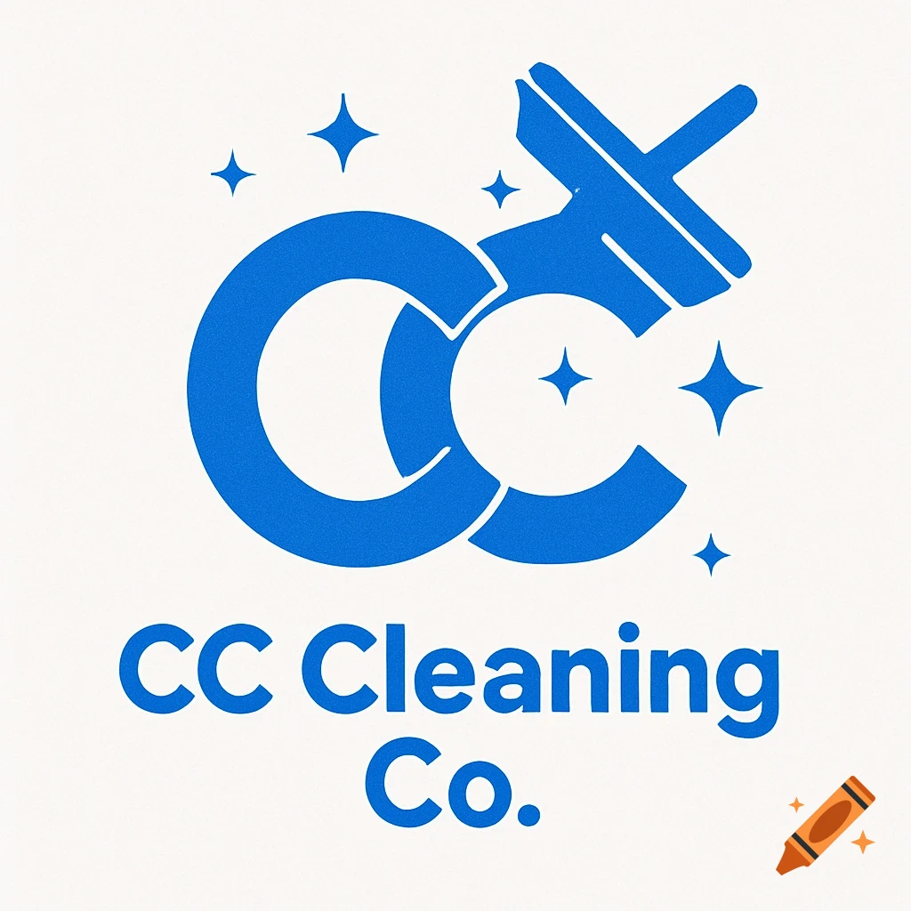 Blue logo for CC Cleaning Co. featuring intertwined C's, a squeegee, and sparkles on a white background with text below.