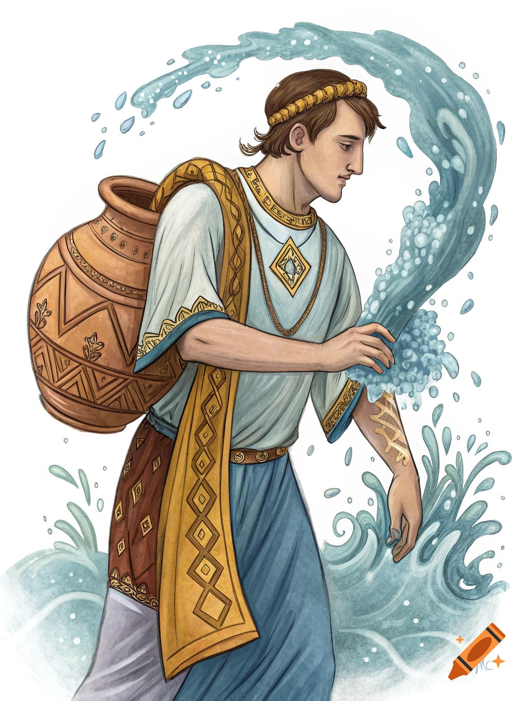 A stylized illustration of a man representing the Aquarius zodiac sign, carrying a large water jug from which water flows.