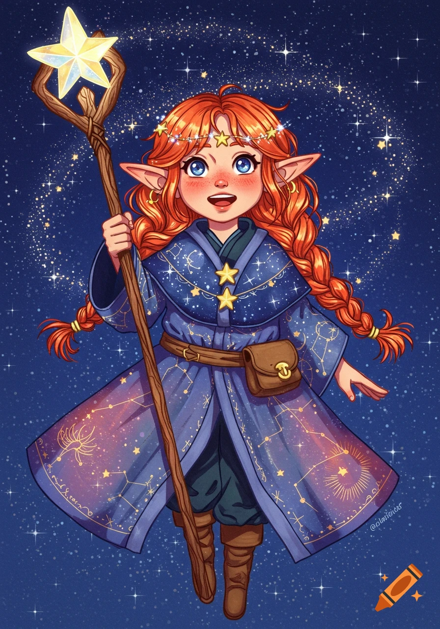 Illustration of a red-haired elf in a starry robe holding a star staff