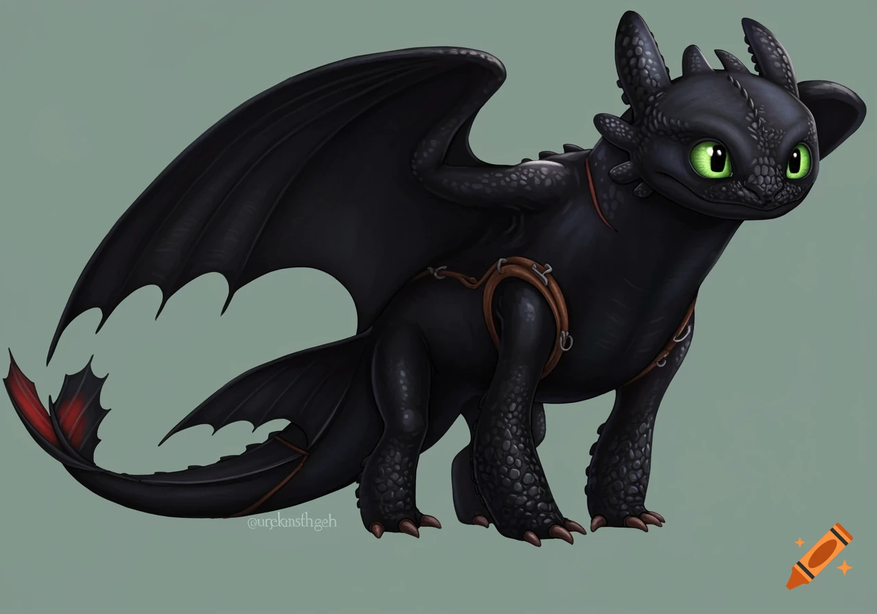 A detailed illustration of Toothless, the black Night Fury dragon from How to Train Your Dragon, standing with his wings slightly spread.